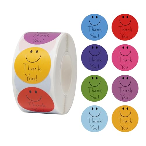 500 Smiley Thank You Stickers, 1 Inch Self-Adhesive Stickers for Envelopes, Holiday Cards, Gift Bags and Small Business Packaging (1 Pack)