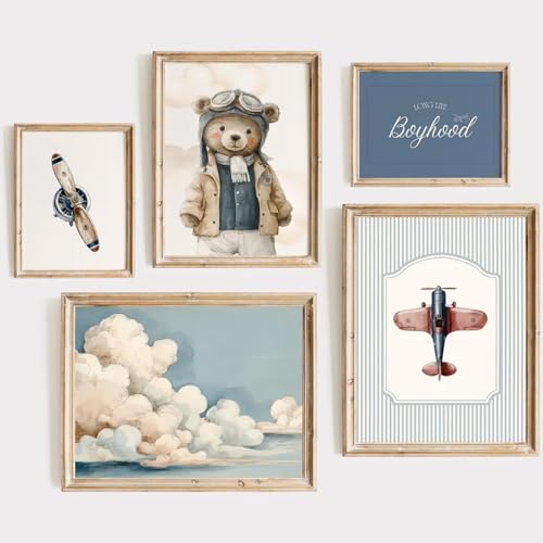Image of Teddy Bear Nursery Wall Art Decor Vintage Boy Room Pictures Baby Boy Nursery Canvas Wall Decor Blue Vintage Airplane Poster Kids Travel Aviation Prints for Playroom Bedroom 8x10x5 Inch Unframed