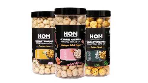 Image of H O M House Of Makhana 195g Pudina, Cream and Onion And Himalayan Salt and Pepper Gourmet Makhana Jar Roasted in Olive Oil, Flavored Makhana Pack of 3 (65gX3)