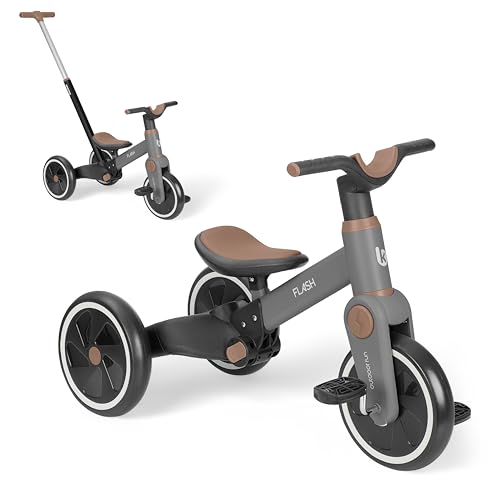 KikkaBoo Triciclo Evolutivo de Bebé 5 en 1 Flash, Desde 18 Meses a 4 Años, Transformable en Bicicleta Sin Pedales, con Manillar de Empuje Ajustable, Ligero, Ruedas EVA, Gris