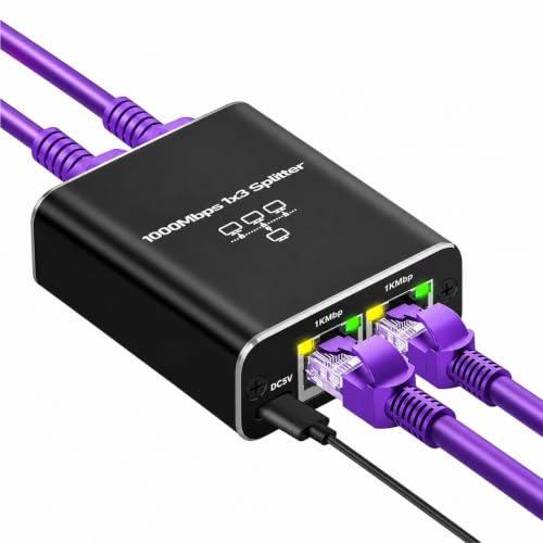 Image of Ethernet Splitter 1 to 3 Gigabit 1000Mbps - RJ45 LAN Network Adapter Hub with USB-C Power, Cat8 /Cat7 /Cat6 /Cat5e Compatible - Plug & Play Internet Cable Splitter for 3 Devices, Black ETHSP-1B3