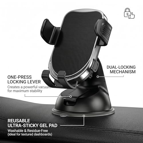 Image of Car Mobile Holder and Phone Stand | Dashboard Windshield Mount | Anti Slip Gel Suction Base | 360 Degree Adjustable Viewing | Pack of 1