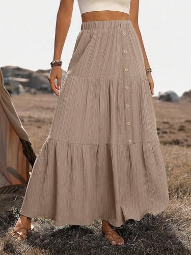 Women High Waist Button Elastic Waist Skirt Maxi Summer Skirt4
