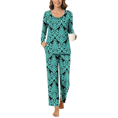 Anyally Women's 2 Piece Fall Pajama Set Plus Size Long Sleeve Shirt and Pants Sleepwear Pjs Sets with Pockets, 2XL Flower Blue Green Cover