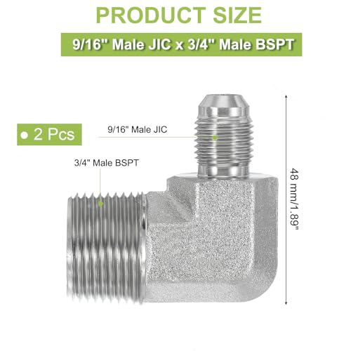 Image of PATIKIL 90 Degree Pipe Adapter, 2 Pcs 9 /16 inch Male 37 Flare JIC x 3 /4 inch BSPT Male Connector Carbon Steel Elbow Fitting for Air Hydraulic Fluid Fuel Water Oil, Silver