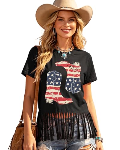 Fringe Western Shirts for Women Cowgirl Tshirt Country Concert Tassel Tee Rodeo Cowboy Tops Black