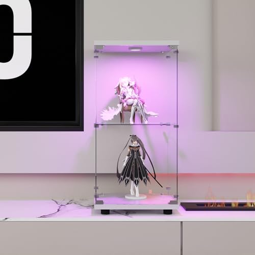 Vitrina de cristal 2 estantes con LED, 40 x 36 x 86 cm Armadura de cristal con puerta y cerradura, vitrinas para colección, armario de almacenamiento de cristal para dormitorio y sala de estar (blanco