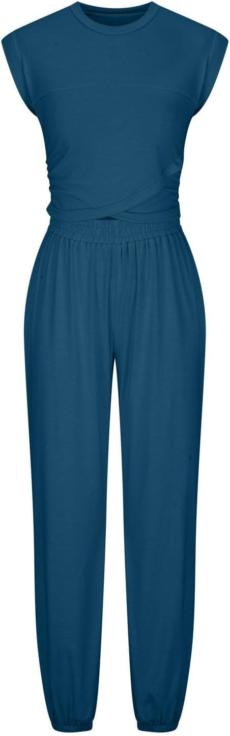 ThiCc Set sportivo da donna, 2 pezzi, tuta estiva casual senza maniche, top corto e pantaloni da jogging, tuta da allenamento