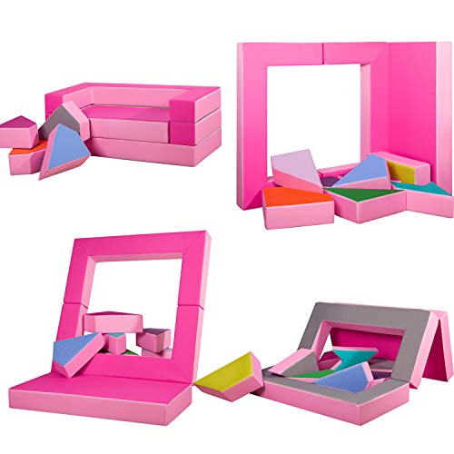 millybo Sofá de juegos 4 en 1, sofá infantil, sofá puzzle, colchón de juego para habitación de los niños, muebles de juego, acolchado (rosa/rosa)