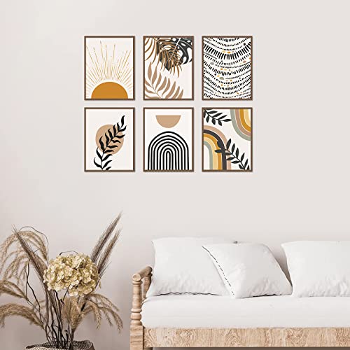Boho Wall Art Prints Set Of 6, Mid-Century Modern Prints, Neutral Geometric Boho Wall Art Sun Moon Palm Leaf Rainbow Beige Canvas Artwork Prints, Minimalist Gallery Wall Posters For Bedroom Living Room Bathroom Boho Room Decor(8" X 10", Unframed) #TOP1