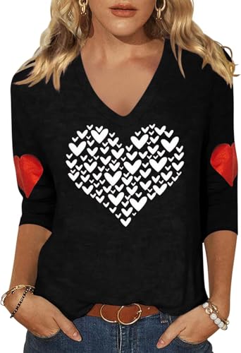 Image of Woffccrd Womens 3 /4 Sleeve V Neck T-Shirts Valentina's Day Spring Shirts Love Heart Printed Graphic Tees