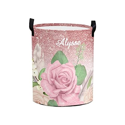 Rose Gold Glitter Floral Personalised Laundry Basket ,Custom Foldable Storage Bins Laundry Hamper for Nursery Pet Toys Clothes Cover