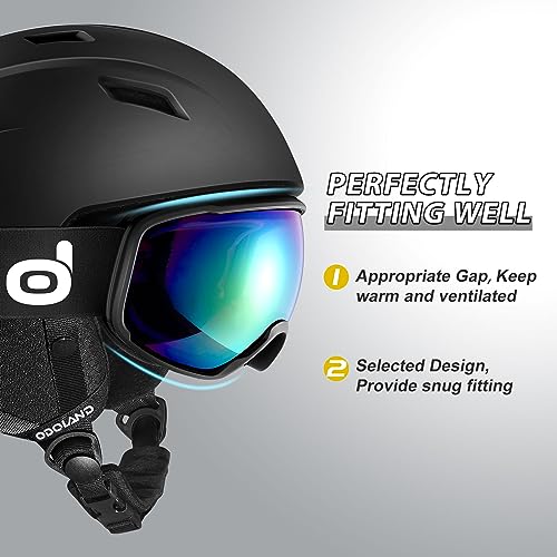 Odoland Kit di Casco Sci con Maschera Sci, Casco Snowboard per Uomo Donna Adolescenti Bambini, Casco Ski Regolabile e Occhiali Sci UV400 Proteczione, Nero, M - 8