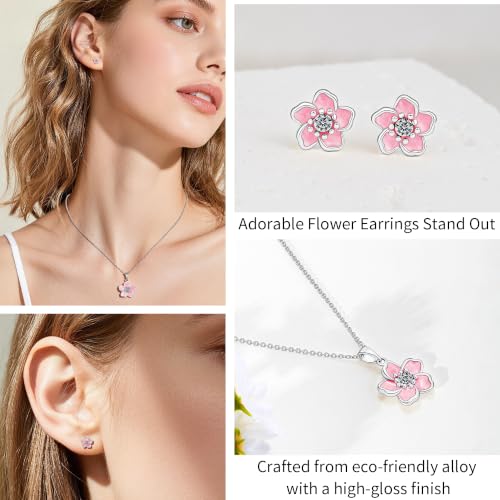 KYNOX Flower Necklace Earrings Set for Women 14K Gold Plated Hypoallergenic Sets Pair with Different Birthstones for Wedding Party Bridal Bridesmaid Accessories Teacher Valentine Gifts (Silver-PINK, 18in, White) by KYNOX - Used condition - Image 5