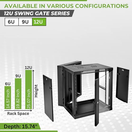 Image of NavePoint 12U Cabinet with Hinged Back - 21.6 inch Deep, Server Rack Enclosure with Locking Glass Door, Wall Mount Rack with Removable Side Panels, Network Cabinet with 2 Fans, Assembled