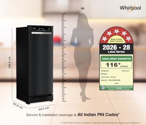 Image of Whirlpool 192 L 5 Star Vitamagic PRO Frost Free Direct-Cool Single Door Refrigerator (215 VMPRO ROY 5S INV GRAVITY BLACK-Y,Fridge, Black, Auto Defrost Technology, 2026 Model)