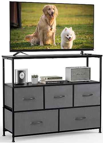 Image of NEWBULIG Dresser,Dresser with 5 Fabric Drawers,Chest of Drawers,Storage Tower, TV Stand Organizer Storage for Bedroom Living Room Hallway, Easy Pull Fabric Bins,Wooden Top, Sturdy Steel Frame,Black