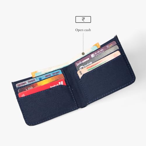 Image of Bellblock Slim Sleeve Canvas Wallet for Men /Women | Minimal Handcrafted Bifold Wallet | with Sim, Mobile Pin & Hidden Extra Card Slots | Navy Blue