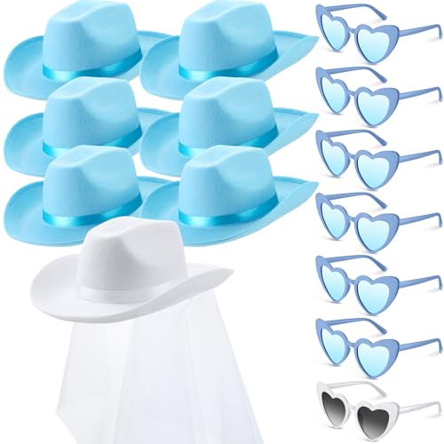 Unittype 14 Pcs Bridal Cowgirl Party Set Heart Glasses Bride Cowboy Hats for Bachelorette Party Bridal Wedding Shower (Blue, White)