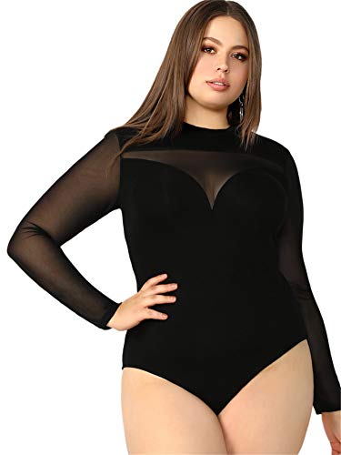 Floerns Women's Sheer Mesh Long Sleeve Stretchy Bodysuit Jumpsuit Black Plus 3XL