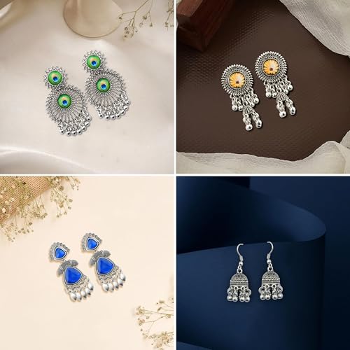 Image of Ishq E Jhumka Oxidized Metal Designer Earring Set of 12 with Folding Jewelry Box | Minimalist & Traditional Jhumka Set for Womens & Girls