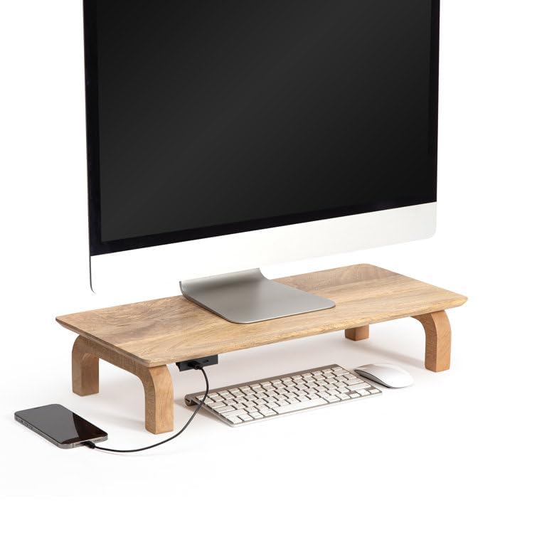Image of Genuine Decor Solid Sheesham Wood Monitor Stand with Storage Organizer for Desk, Tables, Office, Home, Studio, Study Table | Desktop Ergonomic Monitor Stand Riser (Natural)
