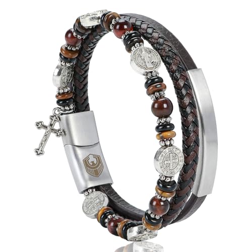 Braccialetto in Pelle da Uomo, Bracciale Religioso con Medaglia di San Benedetto e Croce, Bracciale Occhio di Tigre, Regali Spirituali per Papà, Mariti, Fidanzati, Fratelli