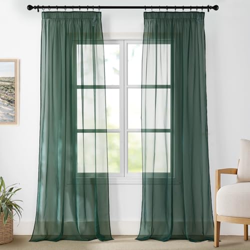 PONY DANCE Wohnzimmer Gardinen Transparent Kräuselband 2er Set H 245 x B 140 cm Dunkelgrün, Voile Vorhänge Durchsichtig für Schienensystem Sheer Curtains with Rail Hooks