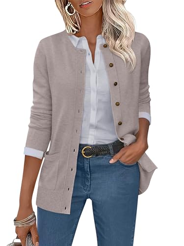 ANRABESS Women's Cardigans 2025 Fall Dressy Casual Long Sleeve Crewneck Button Down Open Front Soft Knit Cardigan Sweaters