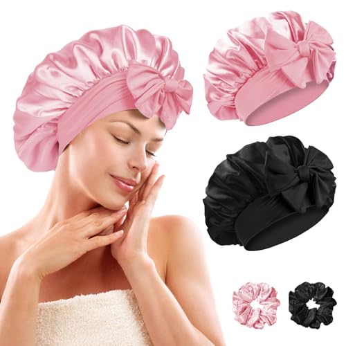 Fefod Gorros de Satén para Dormir, 2 Piezas Gorro de Seda Ajustable, Gorro para Dormir Suave de Satén con Banda Cabello, Gorros de Dormir de Seda para Mujeres para Cabello Rizado y Largo(Negro y Rosa)