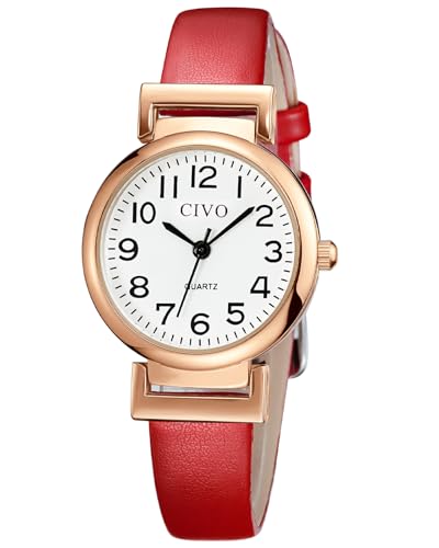 CIVO Montre Femme Analogique Minimalist Etanche Montre pour Fille Elegante Design Cuir Rouge Quartz Montre Bracelet Montre Fille Blanc Cadran