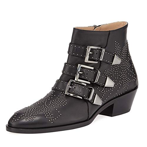 YDN Fashion Straps with Buckle Rivets Studded Flower Pattern Boots Pointed Toe Low Chunky Heels Ankle Zipper Closure Booties for Women Winter Size 4-15 US