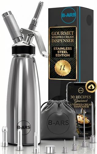 B-ARS Siphon Chantilly Acier Inoxydable 1L Boissons Mousses Chantilly avec Buses Décoratives Aiguilles Accessoires Sac Nettoyage Livre Recettes Matériaux...