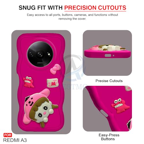 Image of AESTMO Back Case Cover for Redmi A3 | 3D Cute Fun Cartoon Characters | Anti Slip Grip Cute Wave Curly Frame Shape | Full Body Protection Back Cover for Redmi A3 |(Pink)
