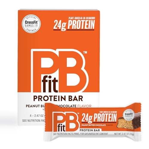 PBfit Peanut Butter Chocolate Protein Bars, 24g Protein, Gluten Free, Vegan, Plant-Based 40-30-30 Macros, 2.47 Oz (Pack of 4)
