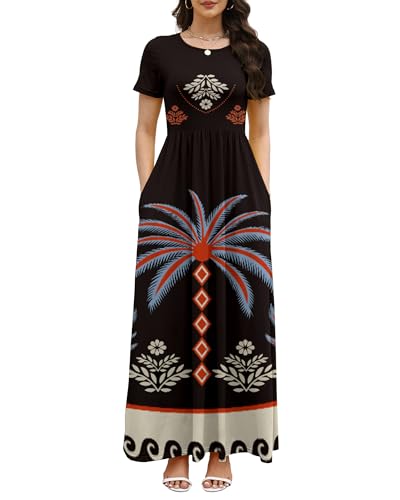 Image of COSSEN Women's Crew Neck Short Sleeve Maxi Dress with Pockets Casual Loose Swing for Wedding Guest Beach Vacation