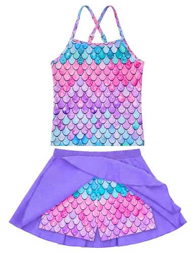 Image of Girls Bathing Suit with Skirt One Shoulder Ruffle Quick Dry Swimsuits Multicolor Sleeveless Swimwear