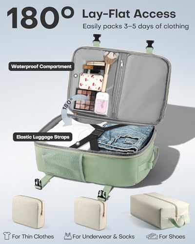 Image of HOTOR Travel Backpack for Women - TSA-Friendly Travel Bag with Multiple Compartments & 3 Packing Cubes, Water-Resistant & Comfortable, Perfect for Travel Essentials, Green, 17.3 inch x 13.0 inch x 7.9 inch