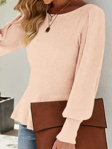 Image of Womens Fall Puff Sleeve Peplum Casual Slim Fit Knit Pullover Sweater Jumper Tops