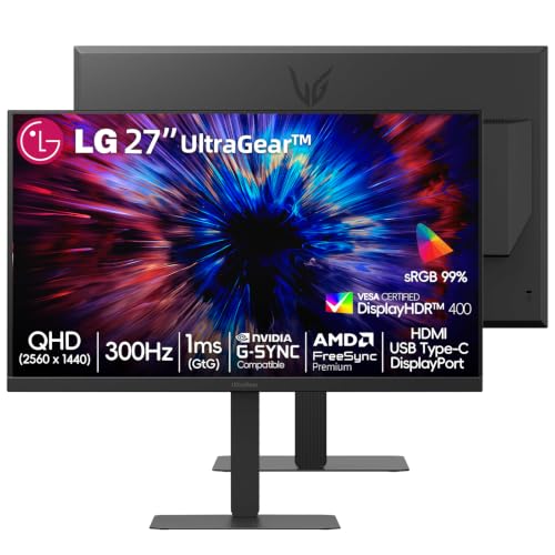 Image of LG 27 inch Ultragear QHD (2560 x 1440) IPS Gaming Monitor, 300Hz, 1ms, NVIDIA G-Sync, AMD FreeSync Premium, VESA DisplayHDR 400, HDMI 2.1, USB Type-C, Tilt /Height /Swivel /Pivot Stand, Black