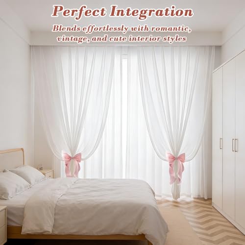Image of HASTHIP Pink Bow Lace Curtain Tiebacks 2PCS Sheer Lace Curtain Holdbacks with Ruffle Edges, Decorative Bow Curtain Ties Backs for Bedroom, Living Room & Nursery Drapes