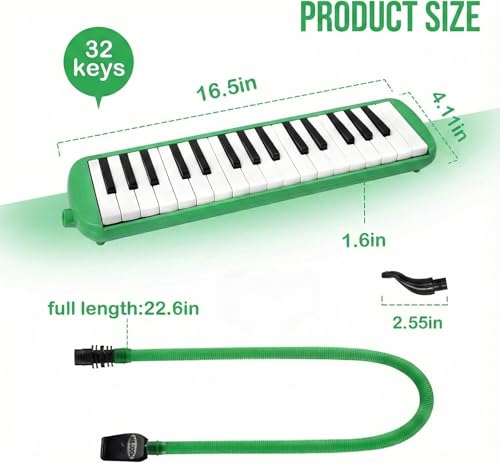 Image of PERLMAN 32 Keys Melodica Instrument, Soprano Melodica for Kids Air Piano Keyboard Pianica with Soft Long Tubes, 1 Short Mouthpiece and Carrying Bag (Green)