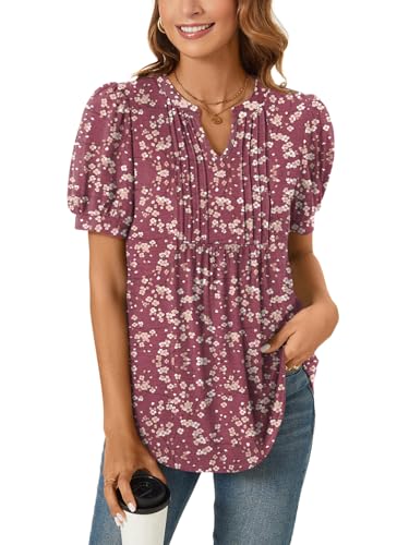 Anyally Womens Summer/Spring Dressy Casual Blouse Puff Short Sleeve Tunic Tops Pleated T-Shirts for Work3