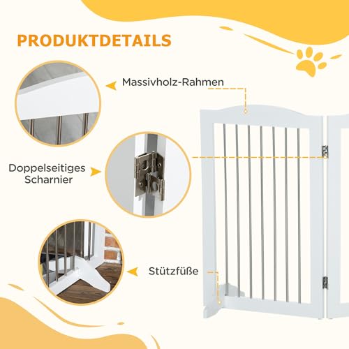 PawHut Absperrgitter Hund Freistehendes Schutzgitter mit Füßen 154 x 80 cm Hundegitter Klappbar Treppenschutzgitter Treppengitter Hundeabsperrgitter für Treppen, Türen, Küche, Flur, 3 Paneelen, Weiß