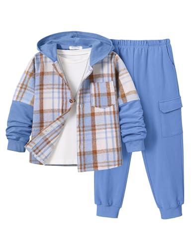 Image of 2Pcs Boys Clothes Sweatsuit Set Hoodie Flannel Plaid Shirt and Jogger Pants for Kids Fall Winter Spring Outfits