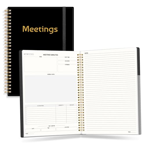 SUNEE Half Meeting Half Note 7x10 Notebook for Work 140 Pages B5 Size Project Planner for Women&Men Minutes Organizer for Meeting Notes Ideas for Office/Business PVC Waterproof Cover Black