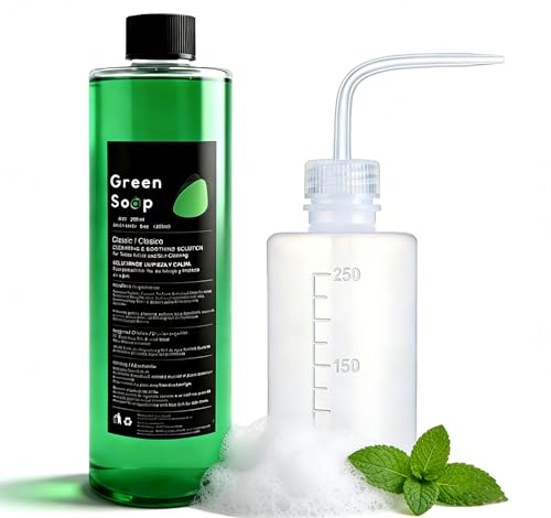 Sotica Green Soap Tattoo 8.5oz with 8.5oz Squeeze Bottle Set - Vegan Formula Gentle Tattoo Aftercare Green Soap for Tattooing & Piercing Tattoos Cleaning Supplies 250ml