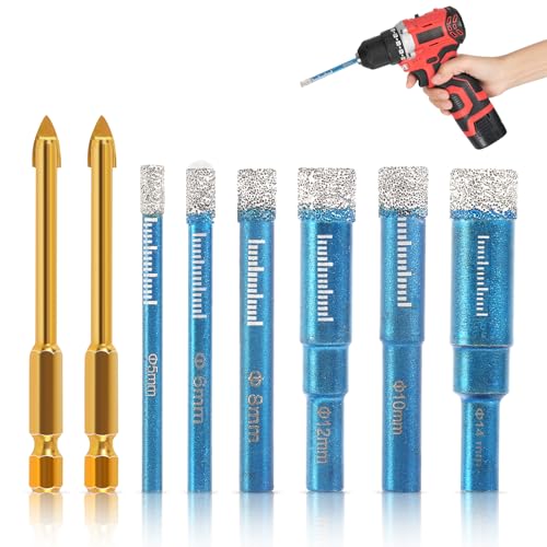 Gyism 8 Stück Fliesenbohrer Set, Diamantbohrer Fliesen,5/6/8/10/12/14mm, Fliesenbohrer Glasbohrer Set und 2 Stück 6mm Metall Bohren, Glasbohrer für Keramik,Glas, Porzellan, Mauerwerk (Blau)