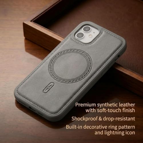 Image of amazon basics Premium PU Leather Case for iPhone 11, MagSafe Compatible Magnetic Ring, Sleek Protective Back Cover - [Gray]