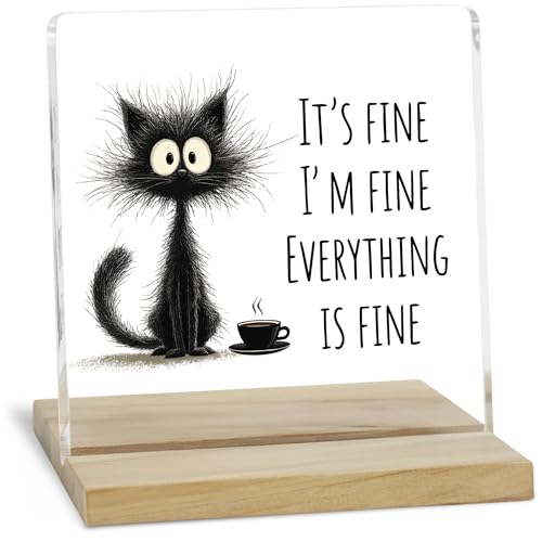 Funny Cat Desk Decor Sign, Humor Black Cat Office Decor, Everything Is Fine Acrylic Plaque